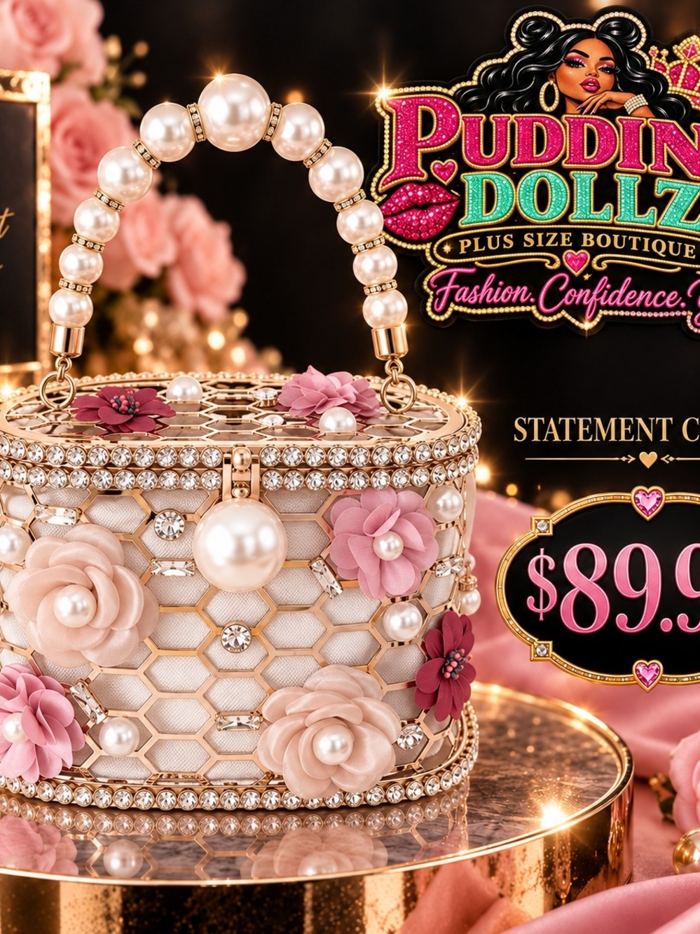 Floral Pearl-Embellished Pink Evening Bag